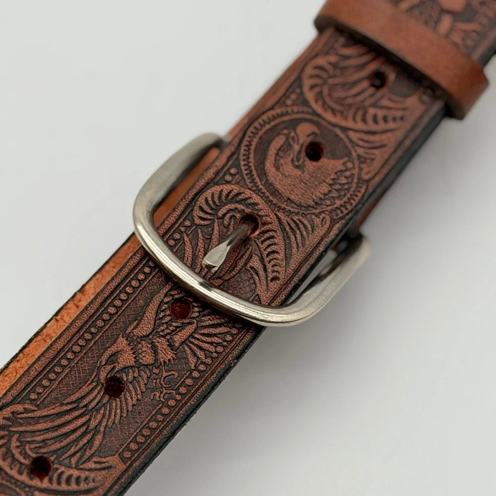 Vintage Western Brown Tooled Leather Belt Eagle Phoenix Embossed Silver Buckle